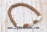 CFB741 faceted rondelle wooden jasper & potato white freshwater pearl stretchy bracelet