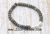 CFB743 faceted rondelle dragon blood jasper & potato white freshwater pearl stretchy bracelet