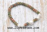 CFB759 faceted rondelle unakite & potato white freshwater pearl stretchy bracelet