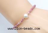 CFB841 4mm faceted round pink wooden jasper & potato white freshwater pearl bracelet