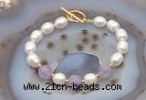 CFB906 Hand-knotted 9mm - 10mm rice white freshwater pearl & lavender amethyst bracelet