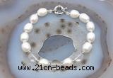 CFB908 Hand-knotted 9mm - 10mm rice white freshwater pearl & white crystal bracelet