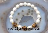 CFB915 9mm - 10mm rice white freshwater pearl & yellow tiger eye stretchy bracelet