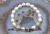 CFB918 9mm - 10mm rice white freshwater pearl & grey banded agate stretchy bracelet