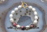 CFB929 Hand-knotted 9mm - 10mm rice white freshwater pearl & rhodonite bracelet