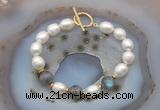CFB938 Hand-knotted 9mm - 10mm rice white freshwater pearl & labradorite bracelet