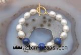 CFB941 Hand-knotted 9mm - 10mm rice white freshwater pearl & lapis lazuli bracelet