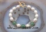 CFB944 Hand-knotted 9mm - 10mm rice white freshwater pearl & green aventurine bracelet