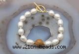 CFB951 Hand-knotted 9mm - 10mm rice white freshwater pearl & wooden jasper bracelet