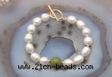 CFB954 Hand-knotted 9mm - 10mm rice white freshwater pearl & China jade bracelet