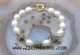 CFB955 Hand-knotted 9mm - 10mm rice white freshwater pearl & African turquoise bracelet