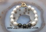 CFB958 Hand-knotted 9mm - 10mm rice white freshwater pearl & golden obsidian bracelet