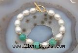 CFB962 Hand-knotted 9mm - 10mm rice white freshwater pearl & peafowl agate bracelet