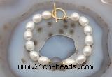 CFB964 Hand-knotted 9mm - 10mm rice white freshwater pearl & grey agate bracelet