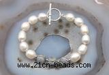 CFB969 Hand-knotted 9mm - 10mm rice white freshwater pearl & grey picture jasper bracelet