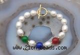 CFB998 Hand-knotted 9mm - 10mm rice white freshwater pearl & colorful candy jade bracelet