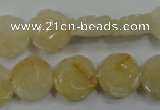 CFG882 15.5 inches 14mm carved flower yellow jade gemstone beads