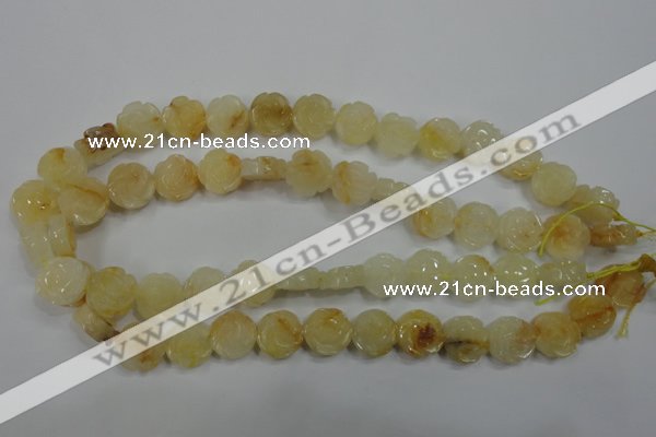 CFG882 15.5 inches 14mm carved flower yellow jade gemstone beads