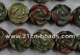 CFG891 15.5 inches 14mm carved flower unakite gemstone beads