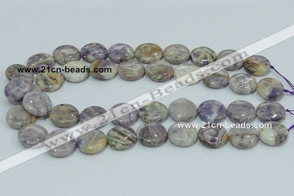 CFJ01 15.5 inches 20mm flat round natural purple flower stone beads