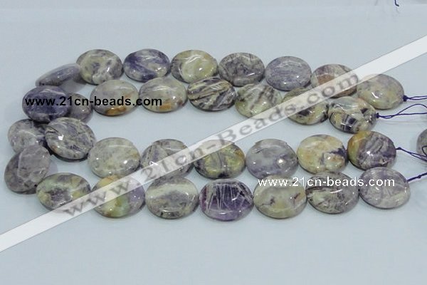 CFJ02 15.5 inches 25mm flat round natural purple flower stone beads