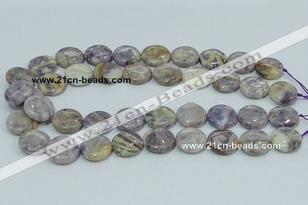 CFJ17 15.5 inches 18mm flat round natural purple flower stone beads