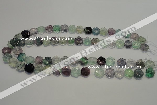 CFL492 15.5 inches 12mm carved flower natural fluorite beads