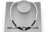CFN128 potato white freshwater pearl & black agate necklace, 16 - 24 inches