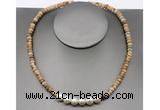 CFN209 4*6mm faceted rondelle picture jasper & potato white freshwater pearl necklace