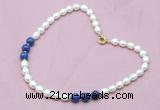 CFN305 Rice white freshwater pearl & lapis lazuli necklace, 16 - 24 inches