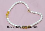 CFN307 Rice white freshwater pearl & yellow banded agate necklace, 16 - 24 inches