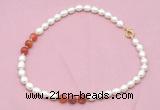 CFN311 9 - 10mm rice white freshwater pearl & fire agate necklace wholesale