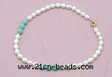 CFN314 9 - 10mm rice white freshwater pearl & amazonite necklace wholesale