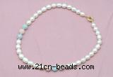 CFN318 9 - 10mm rice white freshwater pearl & morganite necklace wholesale