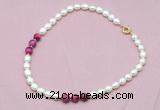 CFN320 9 - 10mm rice white freshwater pearl & red tiger eye necklace wholesale