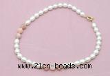 CFN324 9 - 10mm rice white freshwater pearl & pink opal necklace wholesale