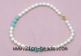 CFN325 9 - 10mm rice white freshwater pearl & amazonite necklace wholesale