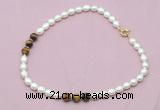CFN328 9 - 10mm rice white freshwater pearl & yellow tiger eye necklace wholesale