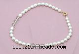 CFN331 9 - 10mm rice white freshwater pearl & white crystal necklace wholesale