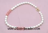 CFN334 9 - 10mm rice white freshwater pearl & cherry quartz necklace wholesale