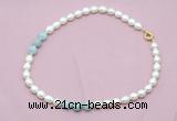 CFN335 9 - 10mm rice white freshwater pearl & aquamarine necklace wholesale