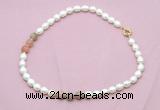 CFN337 9 - 10mm rice white freshwater pearl & rainbow moonstone necklace wholesale