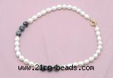 CFN339 9 - 10mm rice white freshwater pearl & snowflake obsidian necklace wholesale
