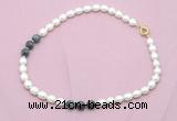 CFN341 9 - 10mm rice white freshwater pearl & eagle eye jasper necklace wholesale