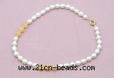 CFN342 9 - 10mm rice white freshwater pearl & honey jade necklace wholesale