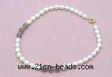 CFN343 9 - 10mm rice white freshwater pearl & grey agate necklace wholesale