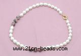 CFN345 9 - 10mm rice white freshwater pearl & rhodonite necklace wholesale