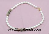 CFN347 9 - 10mm rice white freshwater pearl & unakite necklace wholesale