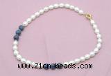 CFN351 9 - 10mm rice white freshwater pearl & dumortierite necklace wholesale