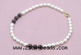 CFN354 9 - 10mm rice white freshwater pearl & brecciated jasper necklace wholesale